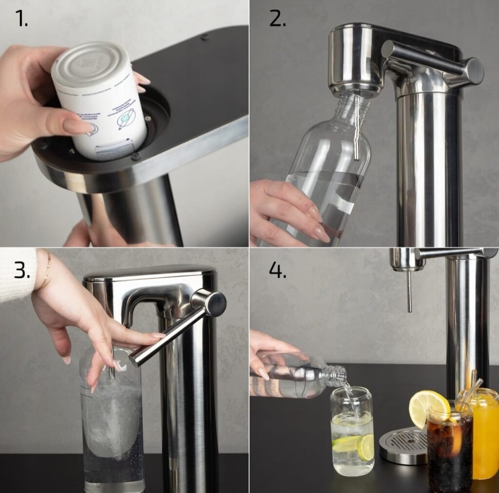 "SodaDream aparāta lietošanas soļi dzēriena pagatavošanai"