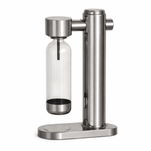 "SodaDream ūdens gāzēšanas aparāts ar CO2 pudeli uz balta fona"